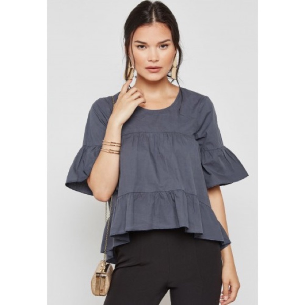 ASOS High Low Flowy Ruffle Top S Grey